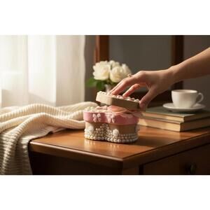 Handcrafted Heart-Shaped Decorative Box with Pink Floral Accent and Pearls